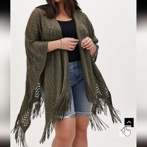 Torrid Olive Green Zig Zag Pointelle Fringe Ruana shawl
